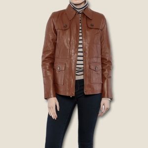Isaac Mizrahi Brown Leather Button-Front Jacket
